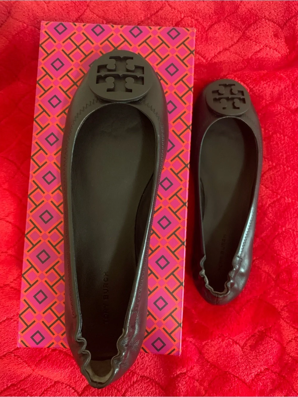 Tory Burch Black Leather Logo Ballet Flats